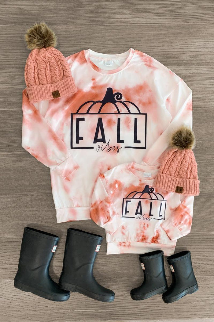 Mom & Me - "Fall Vibes" Tie Dye Top - BABY-0-3 Months-FAMILY - Matching mom and child tie dye tops in orange and white with "Fall vibes" pumpkin graphic, paired with pink knit hats with.