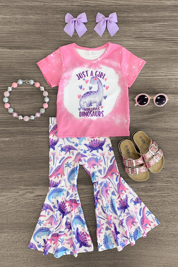 "Just A Girl Who Loves Dinosaurs" Bell Bottom Set - Sparkle in Pink
