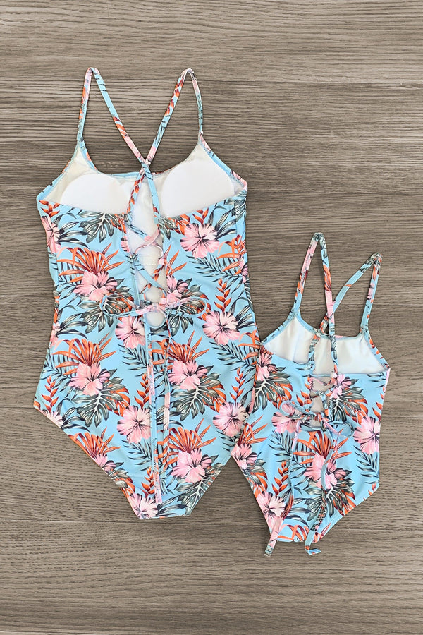 Light Blue Exotic Floral Family Swimsuits - Sparkle in Pink