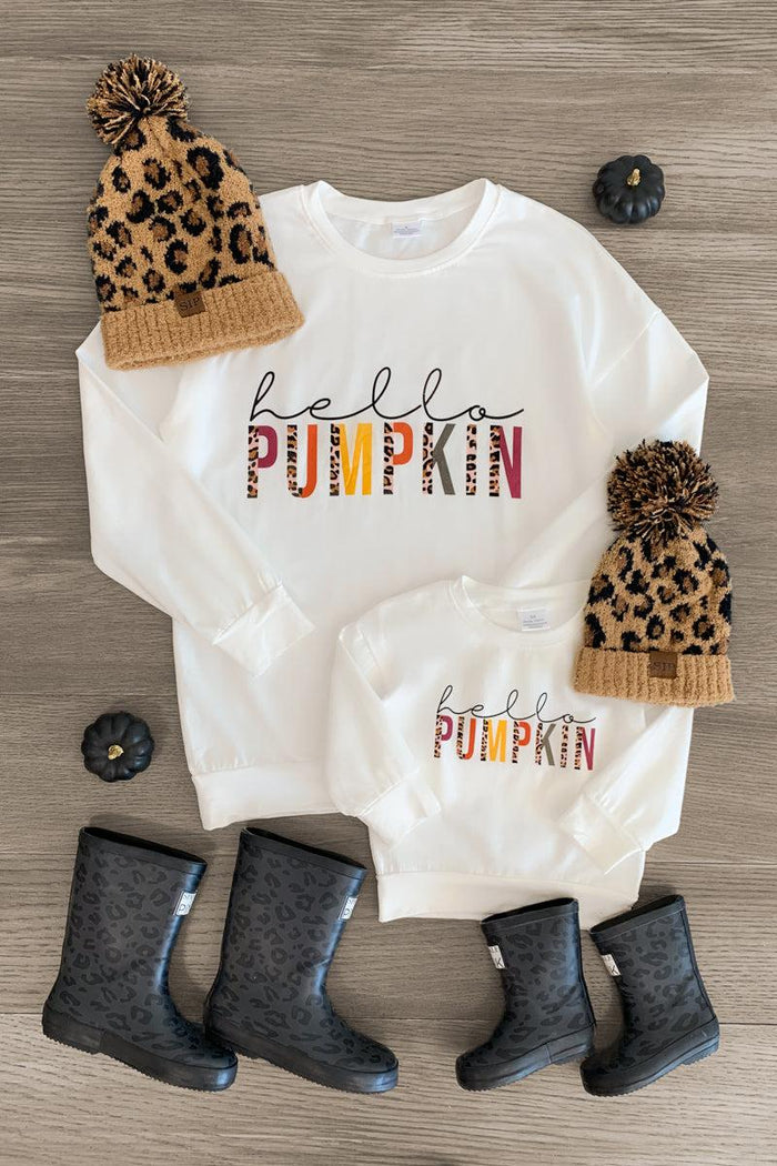 Mom & Me - "Hello Pumpkin" White Top - BABY-0-3 Months-FAMILY - White long-sleeve top with "hello PUMPKIN" text in leopard and orange patterns, styled with leopard print knit hats and gray .