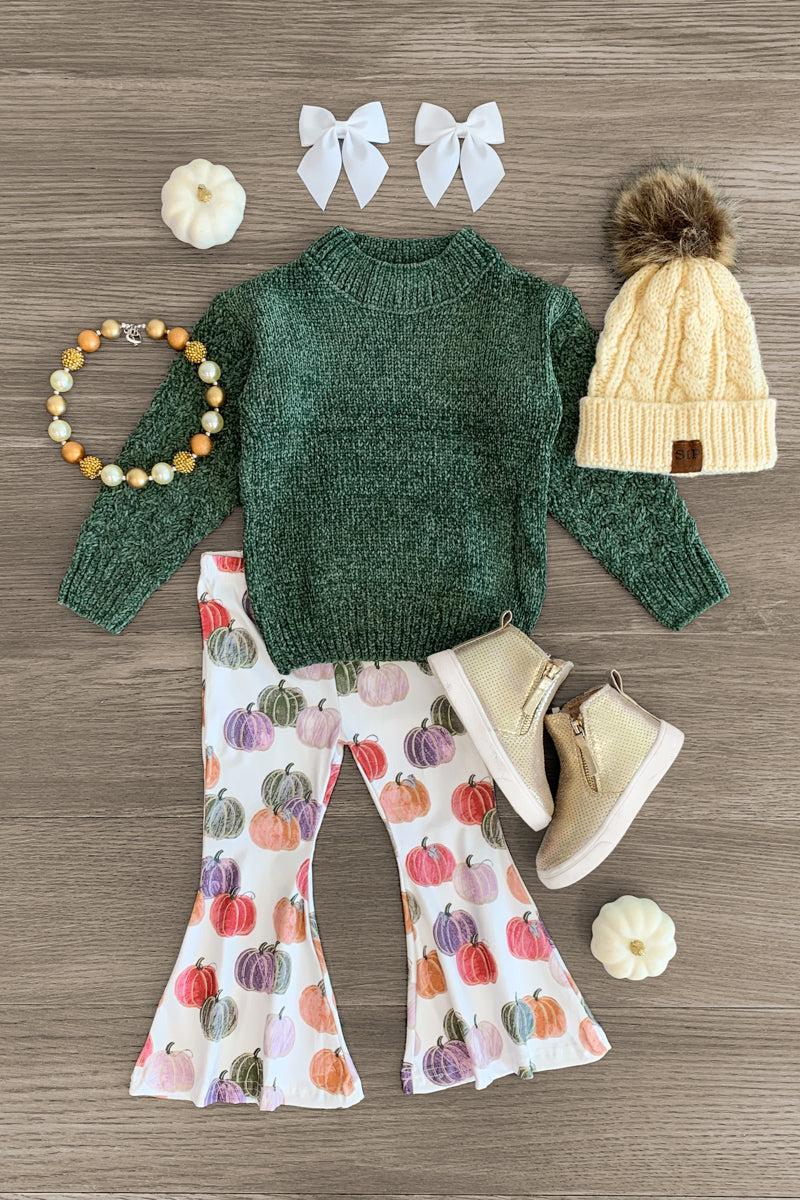 Green Sweater Pumpkin Bell Bottom Set - 3XS-6-12 Months - Green knit sweater with textured details paired with white bell-bottom pants featuring colorful pumpkin prints.