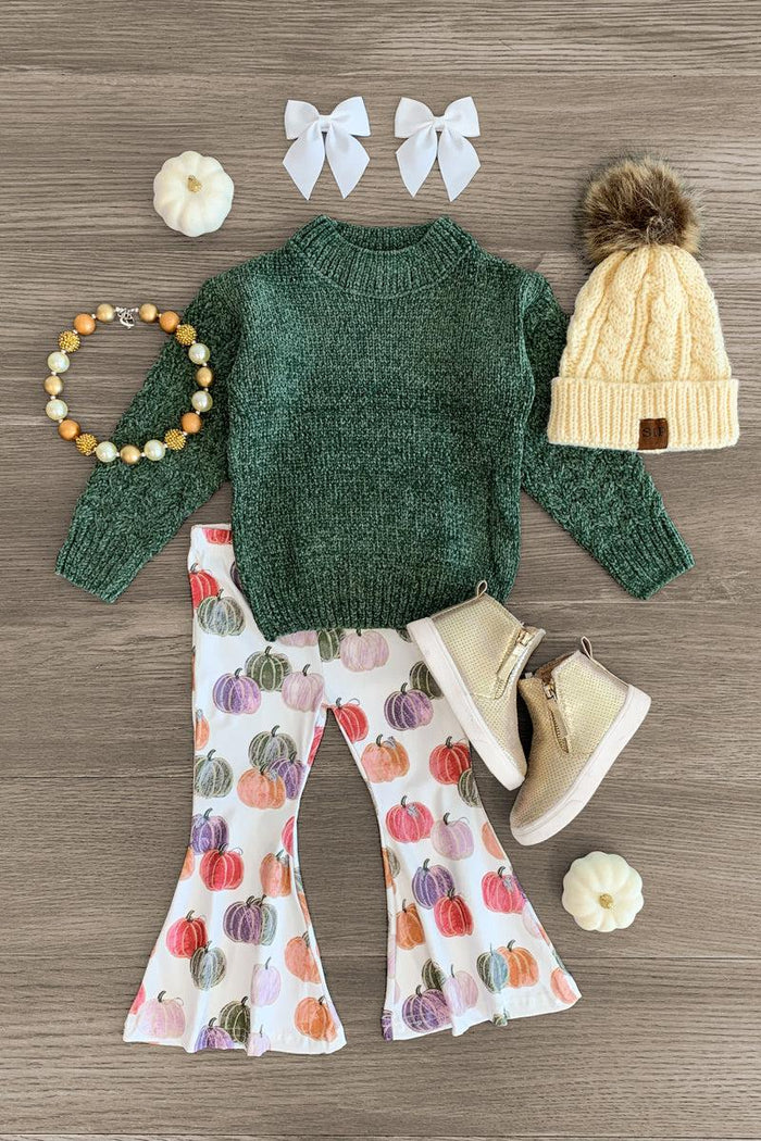 Green Sweater Pumpkin Bell Bottom Set - 3XS-6-12 Months - Green knit sweater with textured details paired with white bell-bottom pants featuring colorful pumpkin prints.