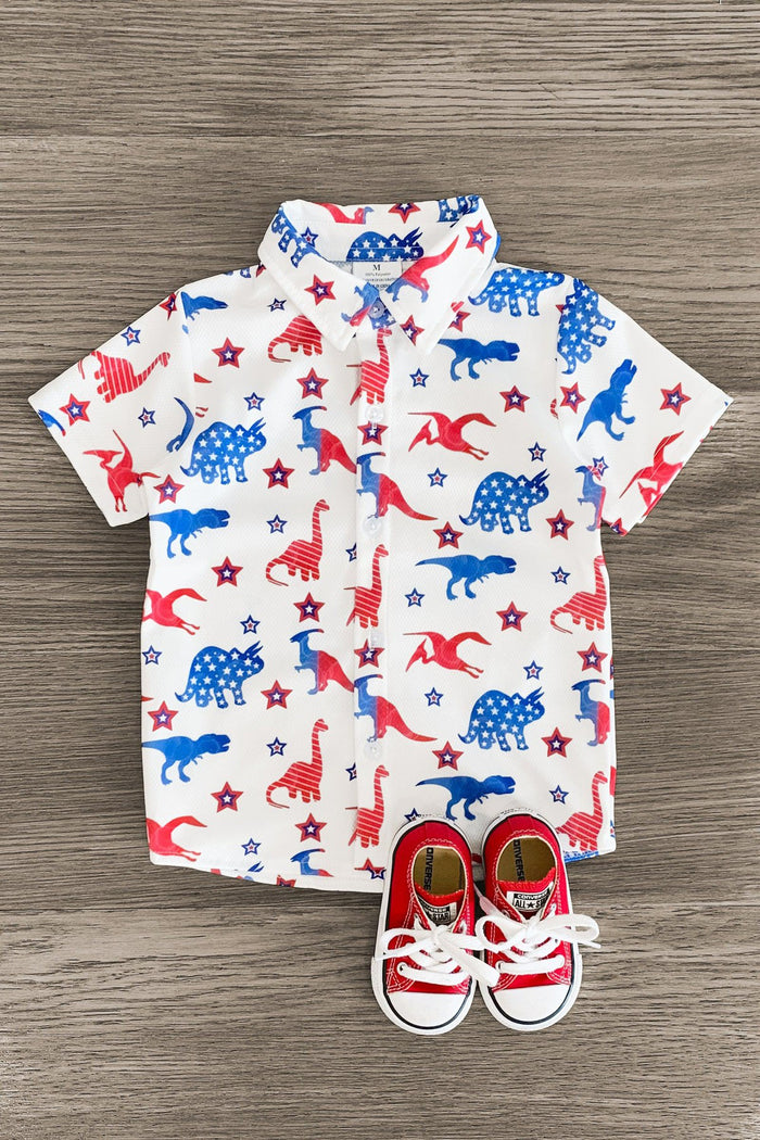 American Dinosaur Button Down Shirt - 3XS-6-12 Months - White short-sleeve button-down shirt with red and blue dinosaur prints for toddlers.