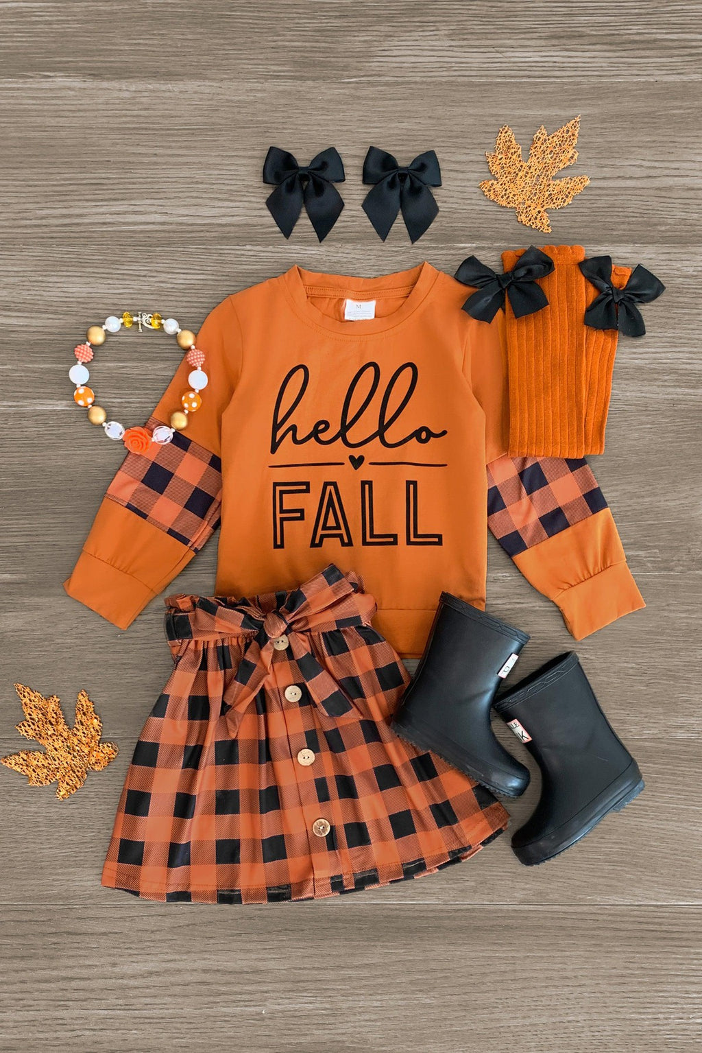 "Hello Fall" Orange Plaid Skirt Set - Sparkle in Pink