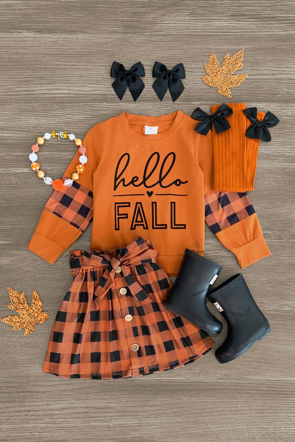 "Hello Fall" Orange Plaid Skirt Set - Sparkle in Pink