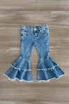 Medium Wash Denim Ruffle Bell Bottoms - Sparkle in Pink