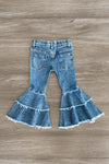 Medium Wash Denim Ruffle Bell Bottoms - Sparkle in Pink