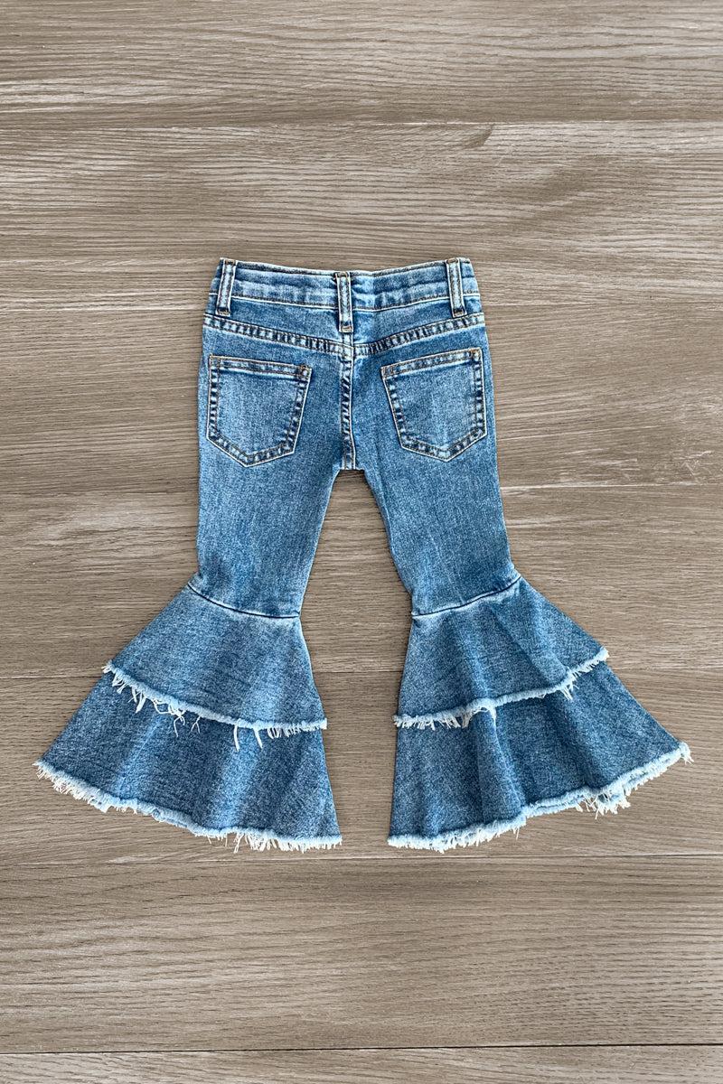 Medium Wash Denim Ruffle Bell Bottoms - Sparkle in Pink