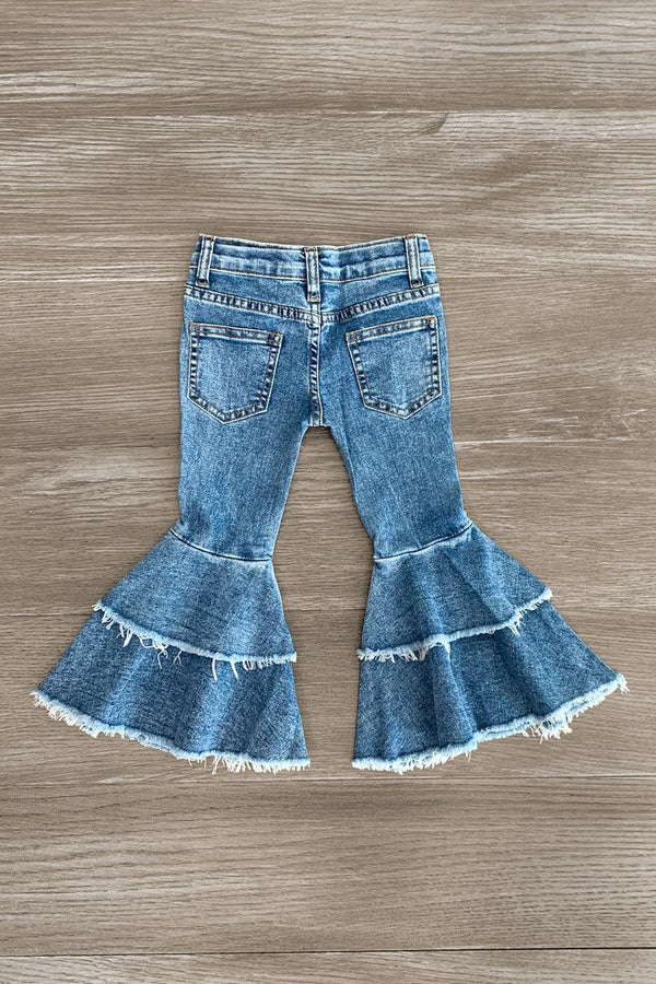 Medium Wash Denim Ruffle Bell Bottoms - Sparkle in Pink
