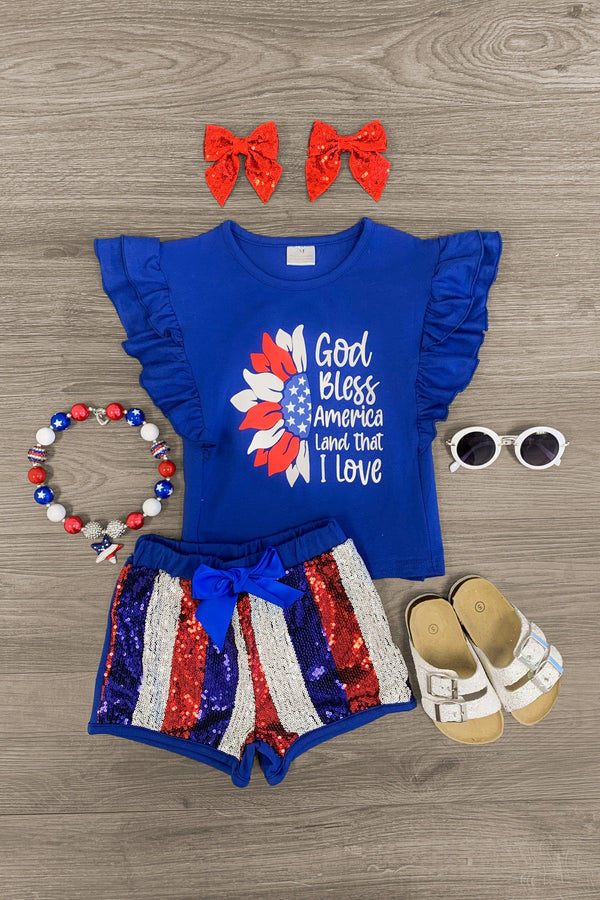 "God Bless America" Sunflower Sequin Short Set - Sparkle in Pink