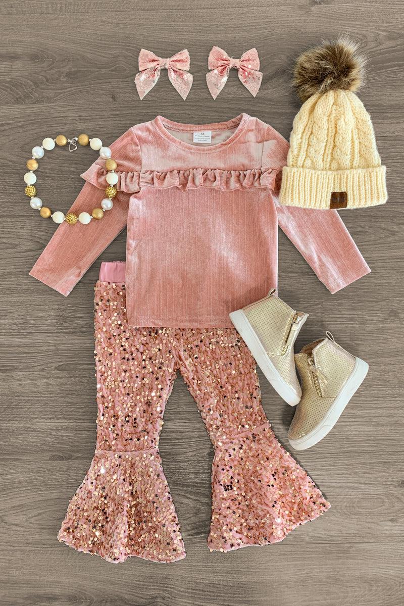Pink Velvet Sequin Bell Bottom Set - Sparkle in Pink