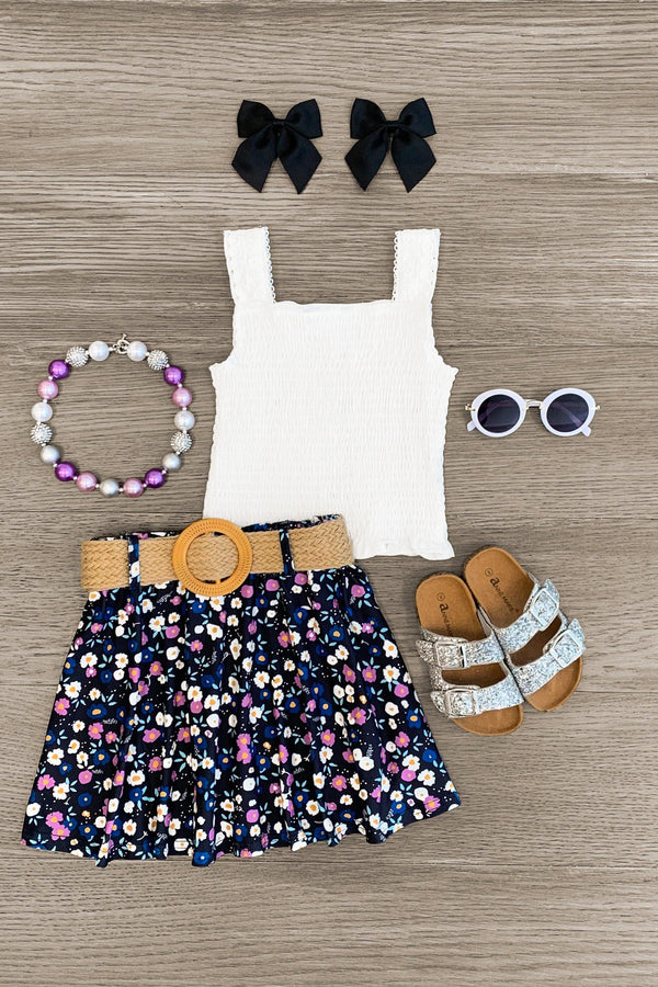 White Smocked Floral Skirt Set - Sparkle in Pink