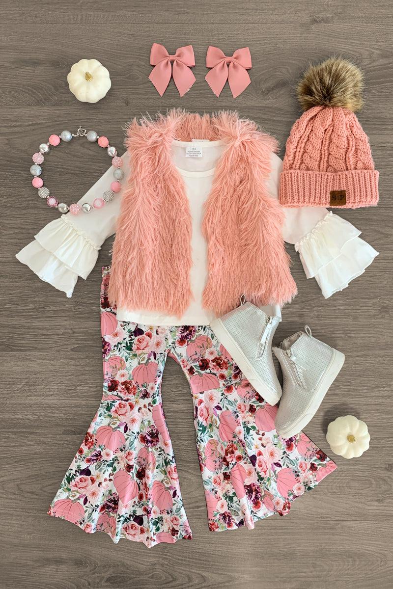 Pink Pumpkin Floral Bell Bottom Fur Vest Set - Sparkle in Pink