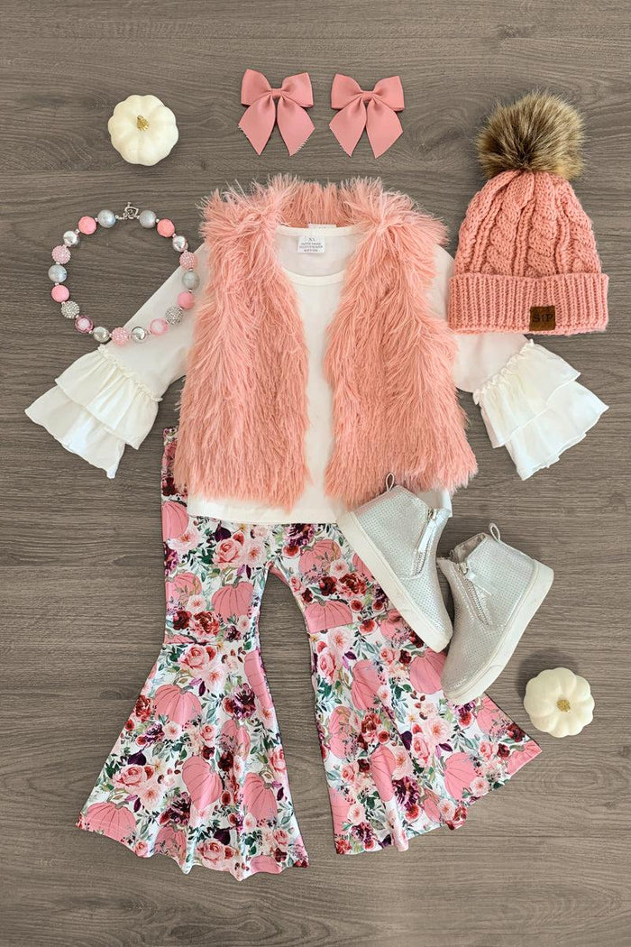 Pink Pumpkin Floral Bell Bottom Fur Vest Set - 3XS-6-12 Months - Pink faux fur vest with white ruffled long-sleeve top, floral bell-bottom pants, pink knit hat with pom-pom, matching pink.