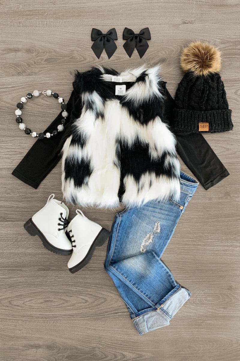 2 Piece - Black & White Fur Vest Set - Sparkle in Pink