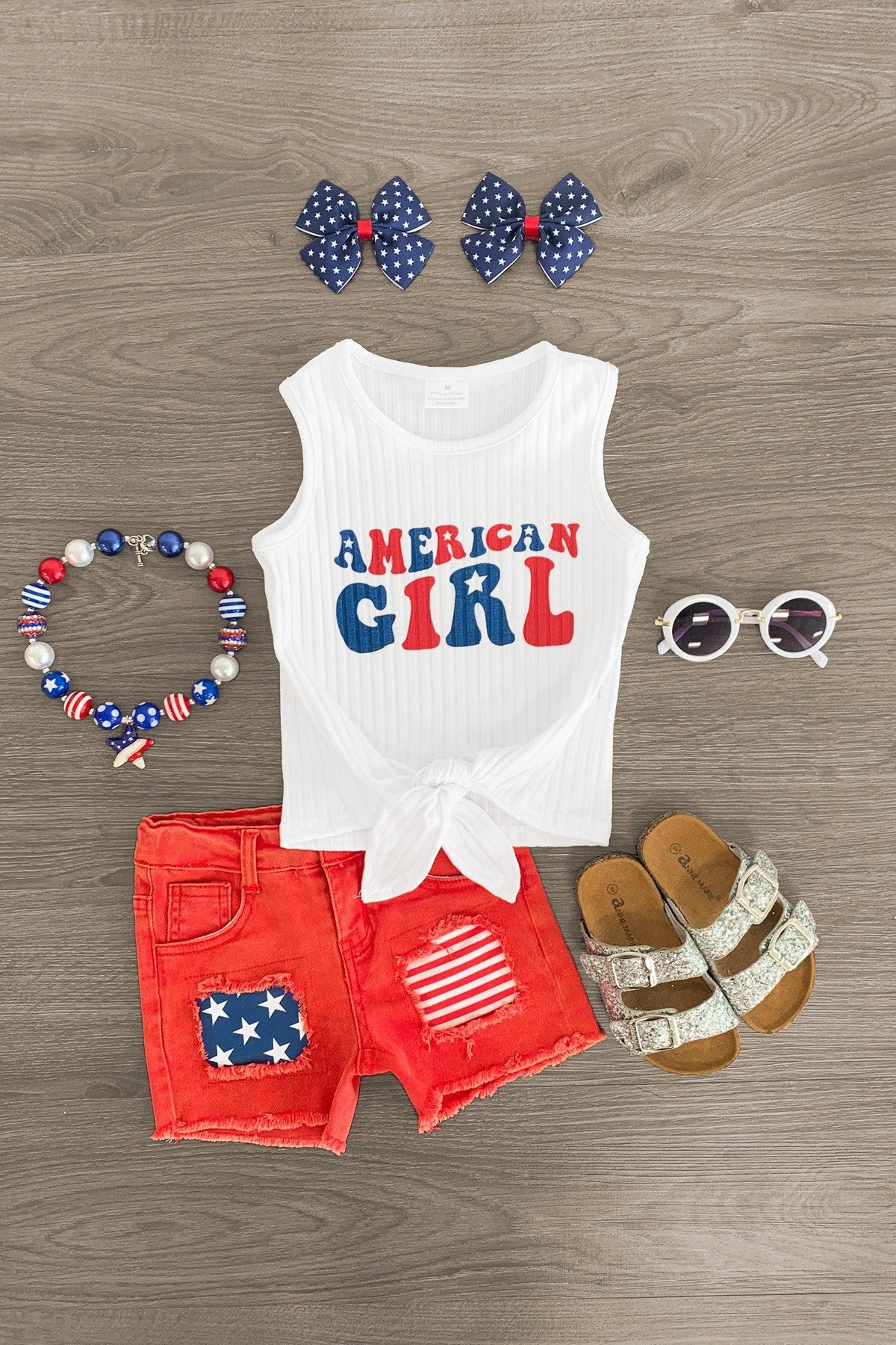 "American Girl" Red Denim Short Set - Sparkle in Pink