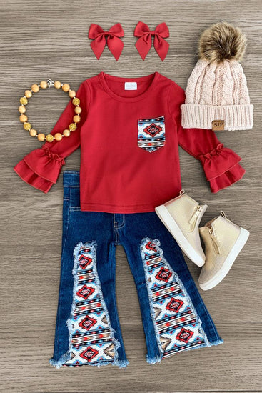 Red Aztec Flare Jean Set | Sparkle In Pink