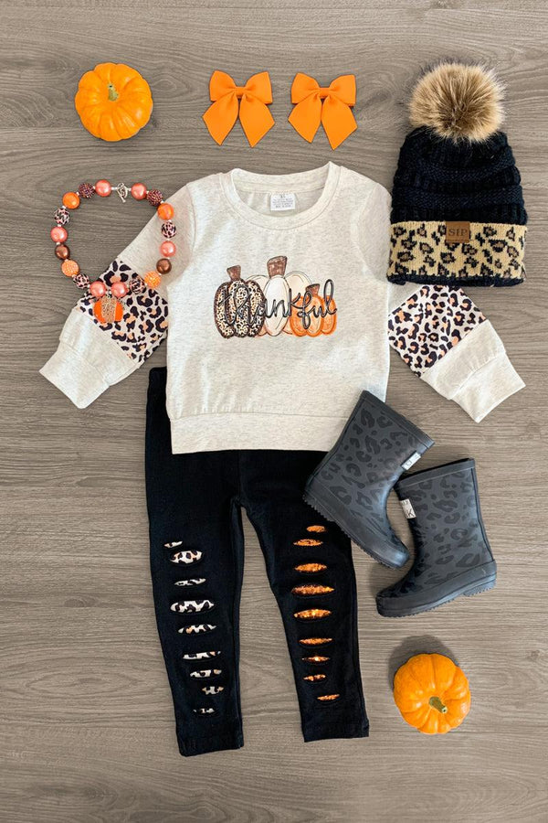 "Thankful" Pumpkin Distressed Legging Set - Sparkle in Pink