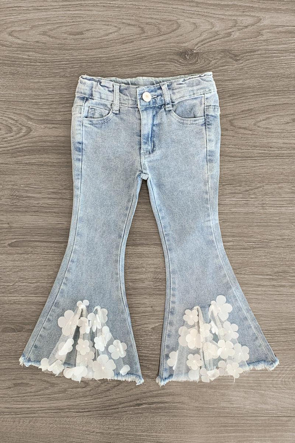 White Tulle Flower Flare Jeans - Sparkle in Pink