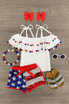 White Pom Pom Sequin Flag Short Set - Sparkle in Pink