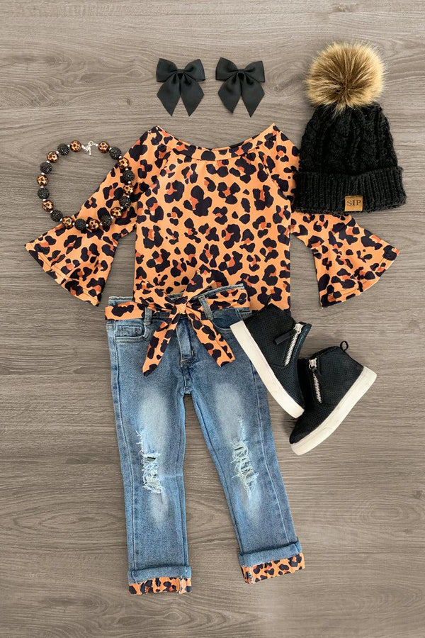 Tan Leopard Distressed Denim Pant Set - Sparkle in Pink