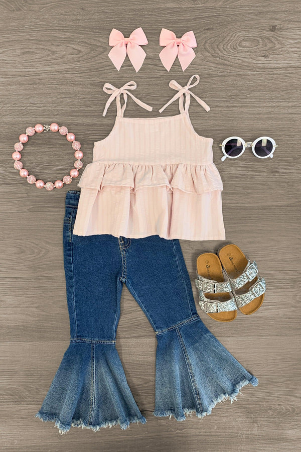 Light Pink Denim Bell Bottom Set - Sparkle in Pink