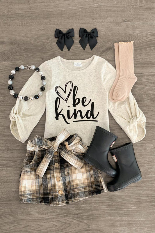 "Be Kind" Cream & Plaid Skirt Set - Sparkle in Pink