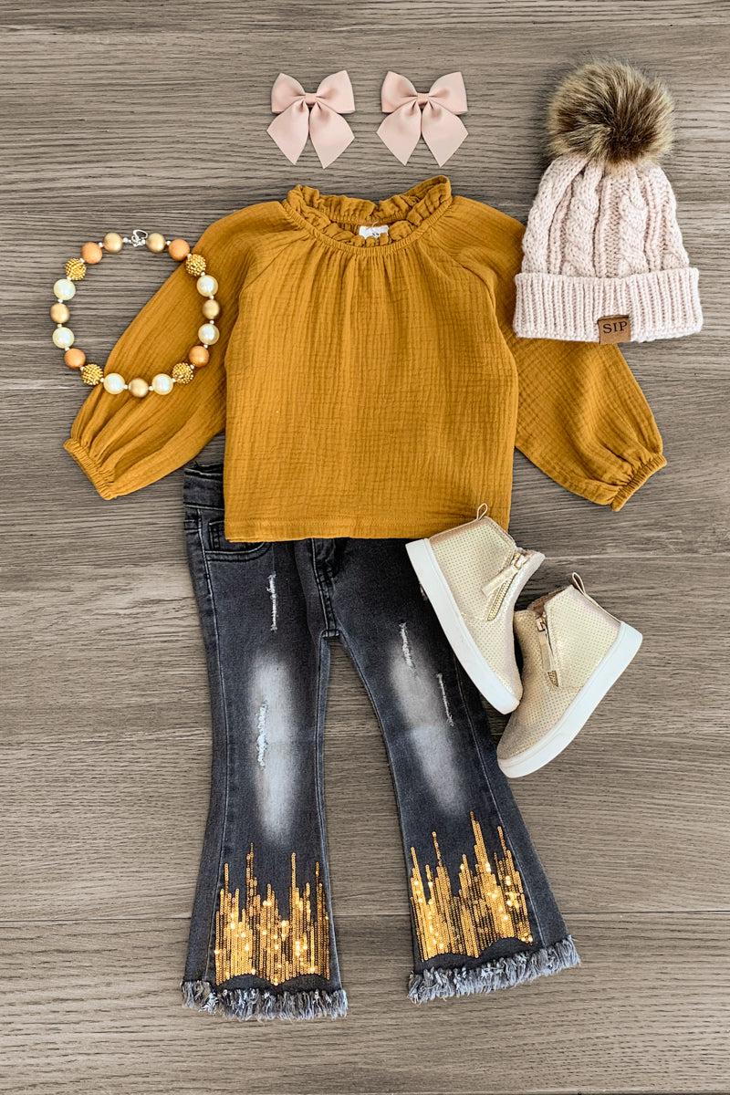 Gold Sequin Distressed Denim Flare Set - Sparkle in Pink