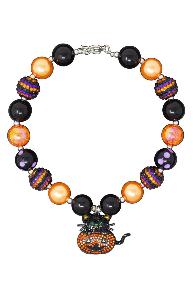 Kitty & Jack-O-Lantern Bubblegum Necklace - Sparkle in Pink
