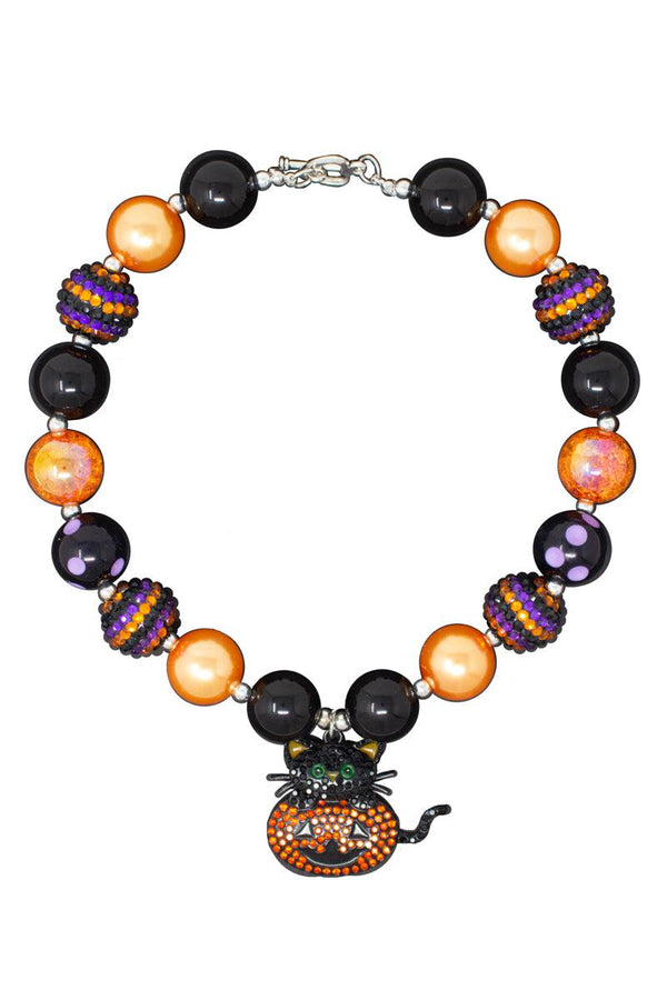 Kitty & Jack-O-Lantern Bubblegum Necklace - Sparkle in Pink