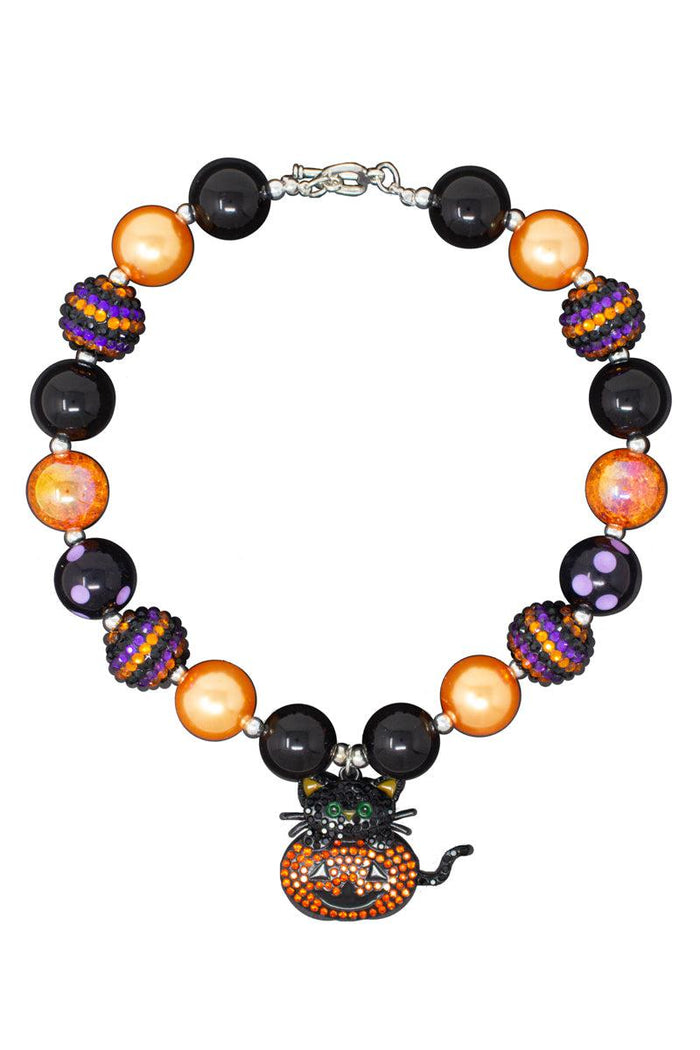 Kitty & Jack-O-Lantern Bubblegum Necklace - Default Title - Black and orange bubblegum bead necklace with a beaded jack-o-lantern and cat charm.