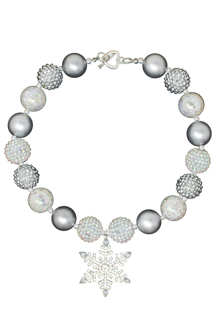 Silver Rhinestone Snowflake Bubblegum Necklaces - Default Title - Silver snowflake pendant necklace with alternating silver and rhinestone bubblegum beads.