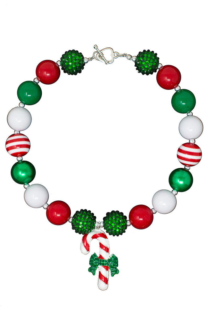 Candy Cane Bubblegum Necklace - Default Title - Candy Cane Bubblegum Necklace with red, green, white beads and candy cane charm centerpiece.
