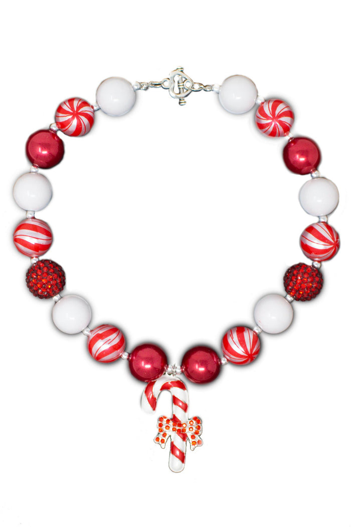 Red Candy Cane Bubblegum Necklace - Default Title - Red and white candy cane bubblegum bead necklace with candy cane charm and silver clasp.