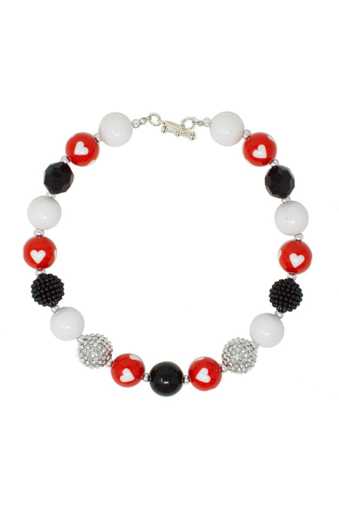 White & Red Heart Bubblegum Necklace - Default Title - Necklace with alternating red, black, and white beads, featuring red heart-shaped beads and textured round beads.