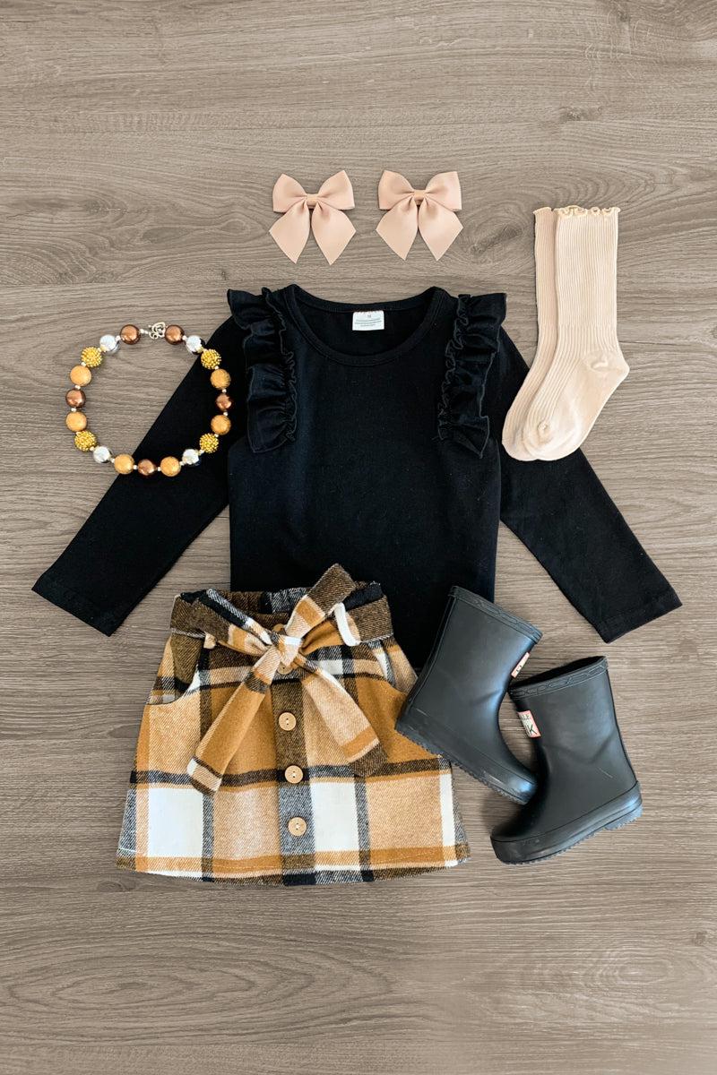 Black & Brown Plaid Flannel Skirt Set - Sparkle in Pink