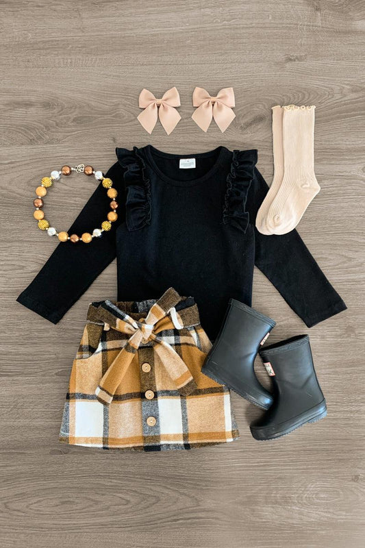 Black & Brown Plaid Flannel Skirt Set - Sparkle in Pink
