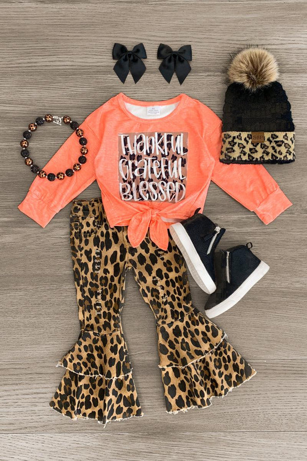 "Thankful Grateful Blessed" Leopard Bell Bottom Set - Sparkle in Pink