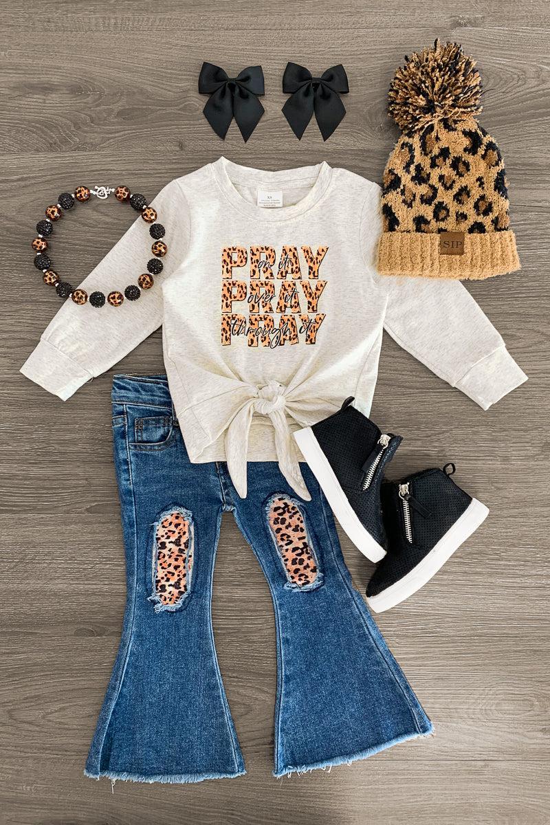 "Pray" Leopard Distressed Denim Flare Set - Sparkle in Pink