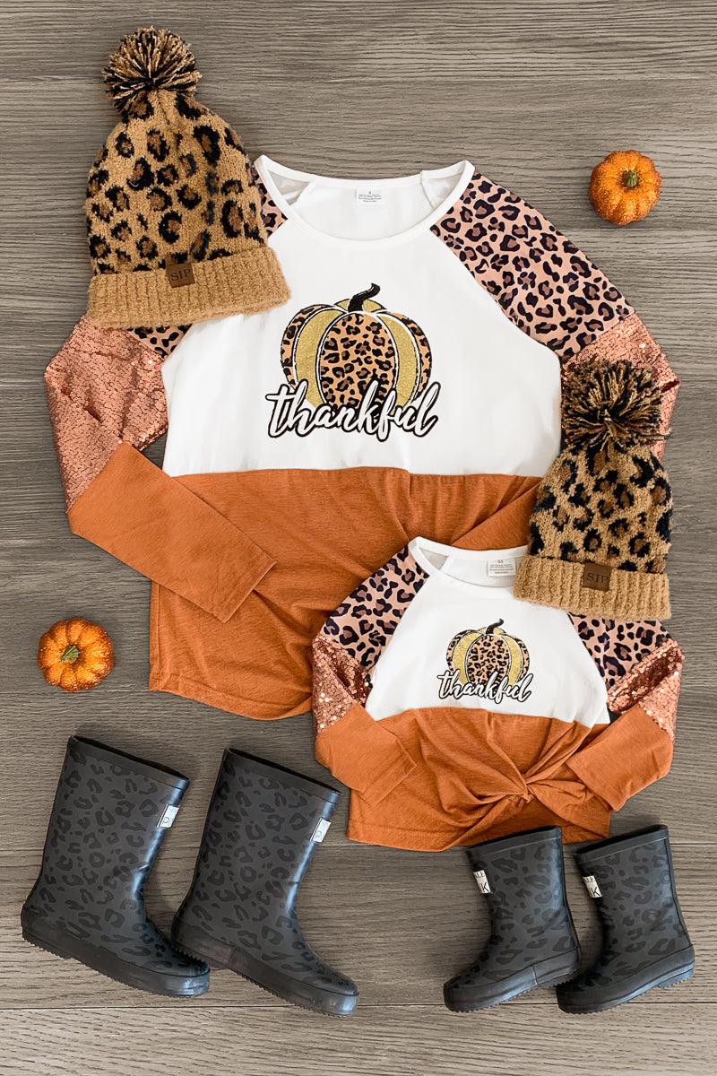 Mom & Me - "Thankful" Glitter Sequin Pumpkin Top - Sparkle in Pink