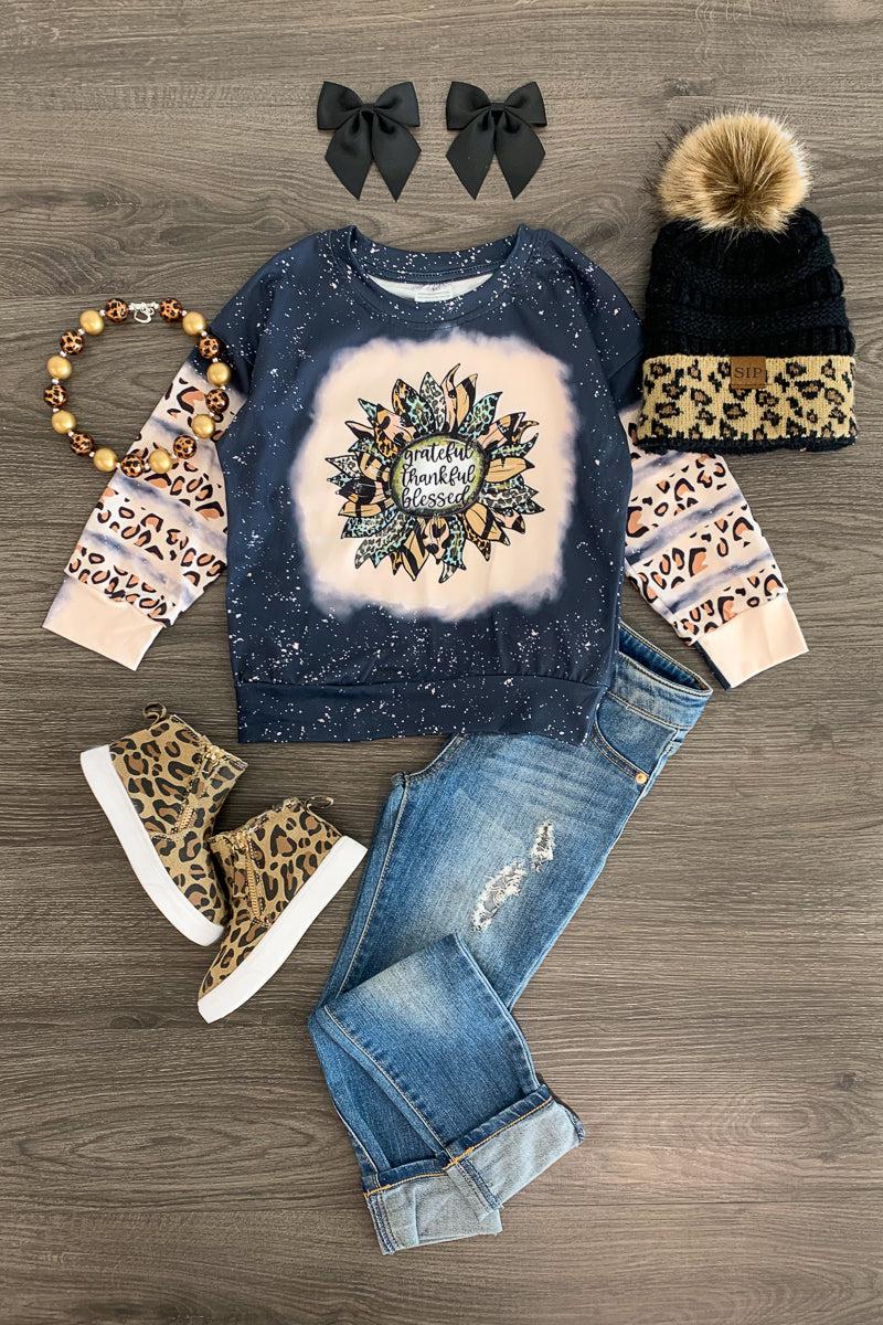 "Grateful Thankful Blessed" Leopard Sunflower Top - Sparkle in Pink