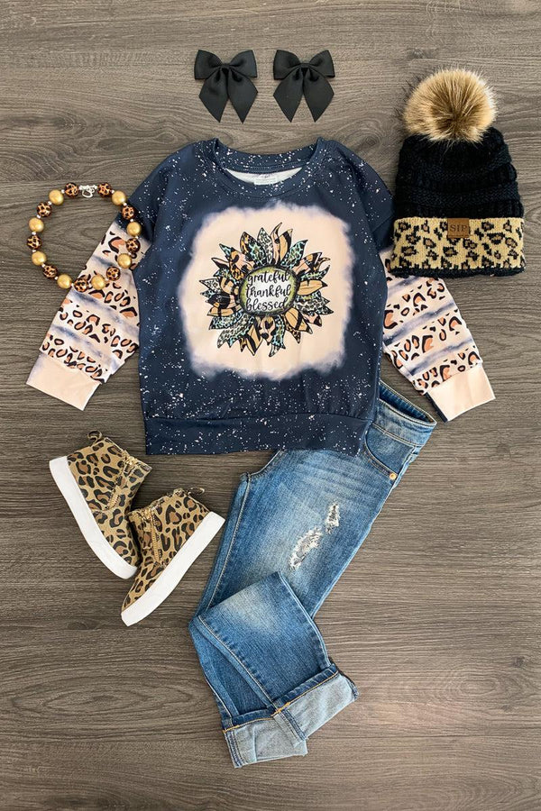 "Grateful Thankful Blessed" Leopard Sunflower Top - Sparkle in Pink