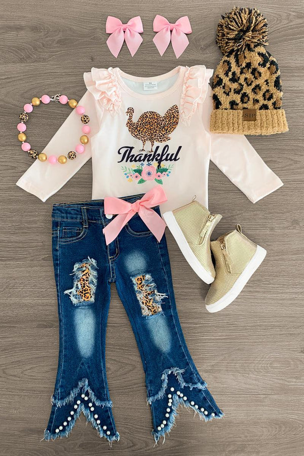 "Thankful" Light Pink Turkey Pearl Denim Set - Sparkle in Pink