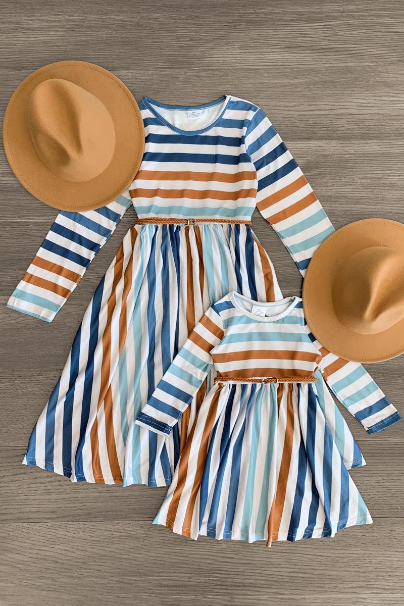 Mom & Me - Blue & White Striped Dress - Sparkle in Pink