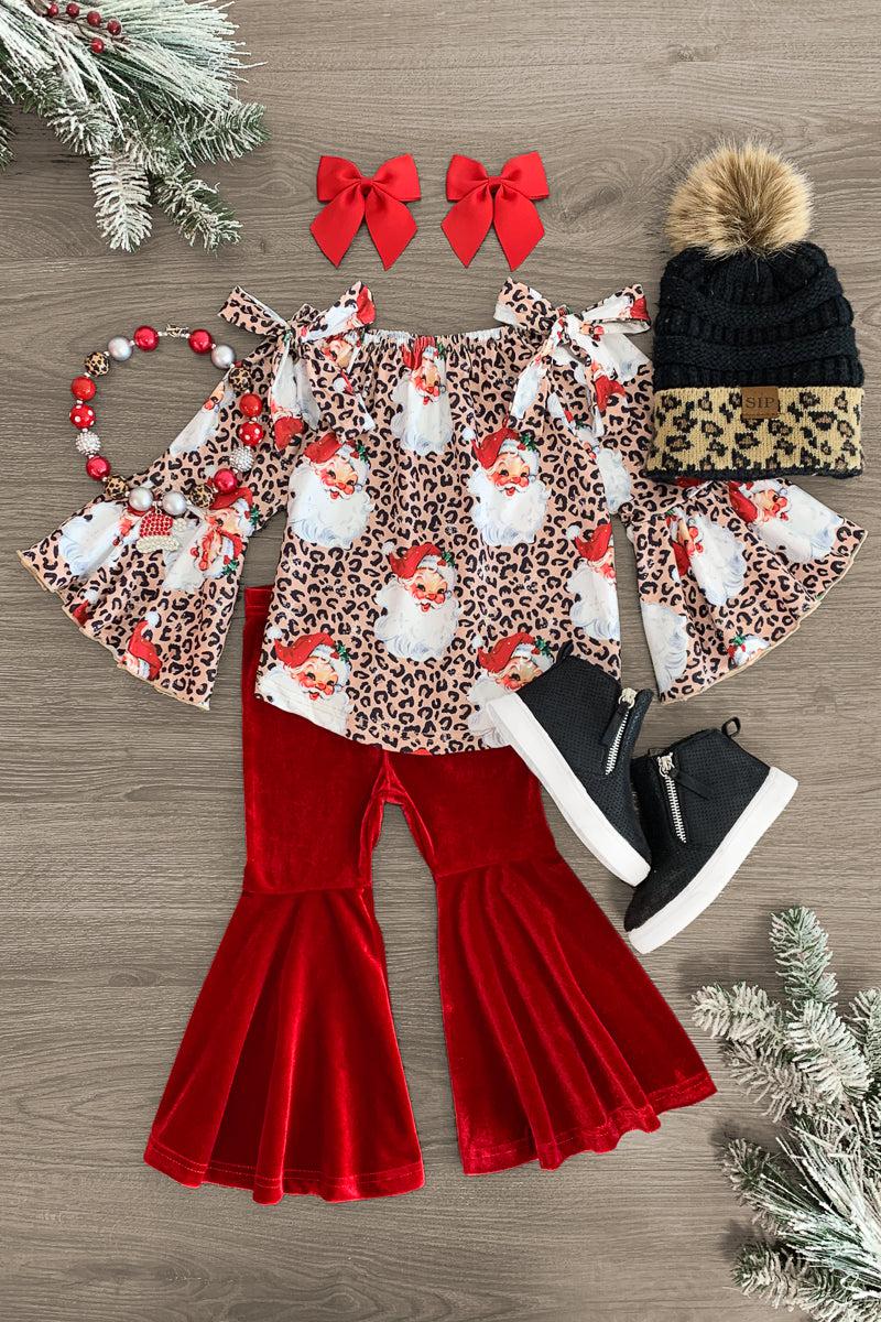 Red Velvet Cheetah Santa Bell Bottom Set - Sparkle in Pink