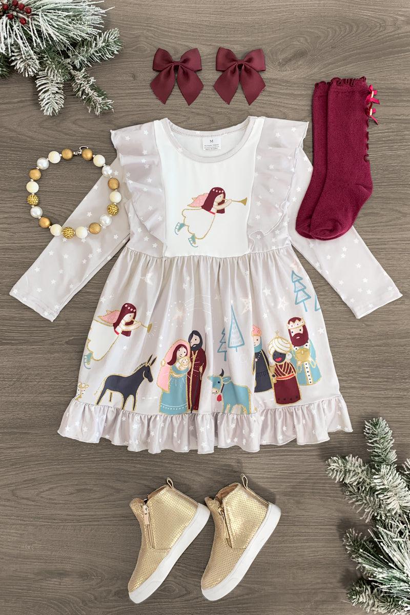 Gray Star Nativity Ruffle Dress - Sparkle in Pink