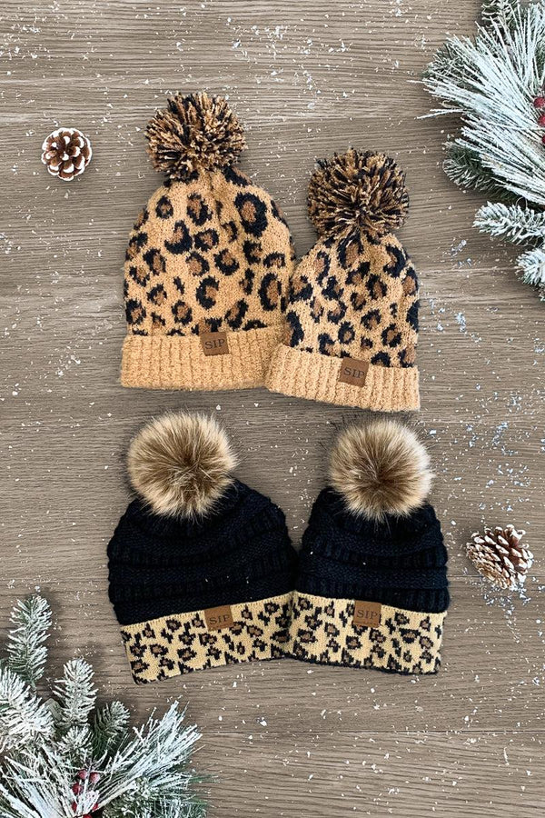 Mom & Me - SIP Animal Print Beanies - Sparkle in Pink