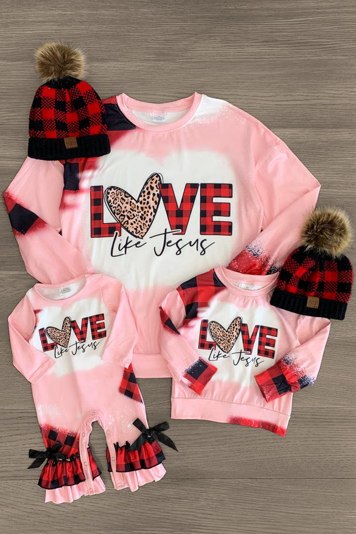 Mom & Me - "Love Like Jesus" Tops & Onesie - BABY-0-3 Months-FAMILY - Pink long-sleeve tops and onesie with "Love Like Jesus" text and heart graphic, paired with black and red buffalo plaid hats .