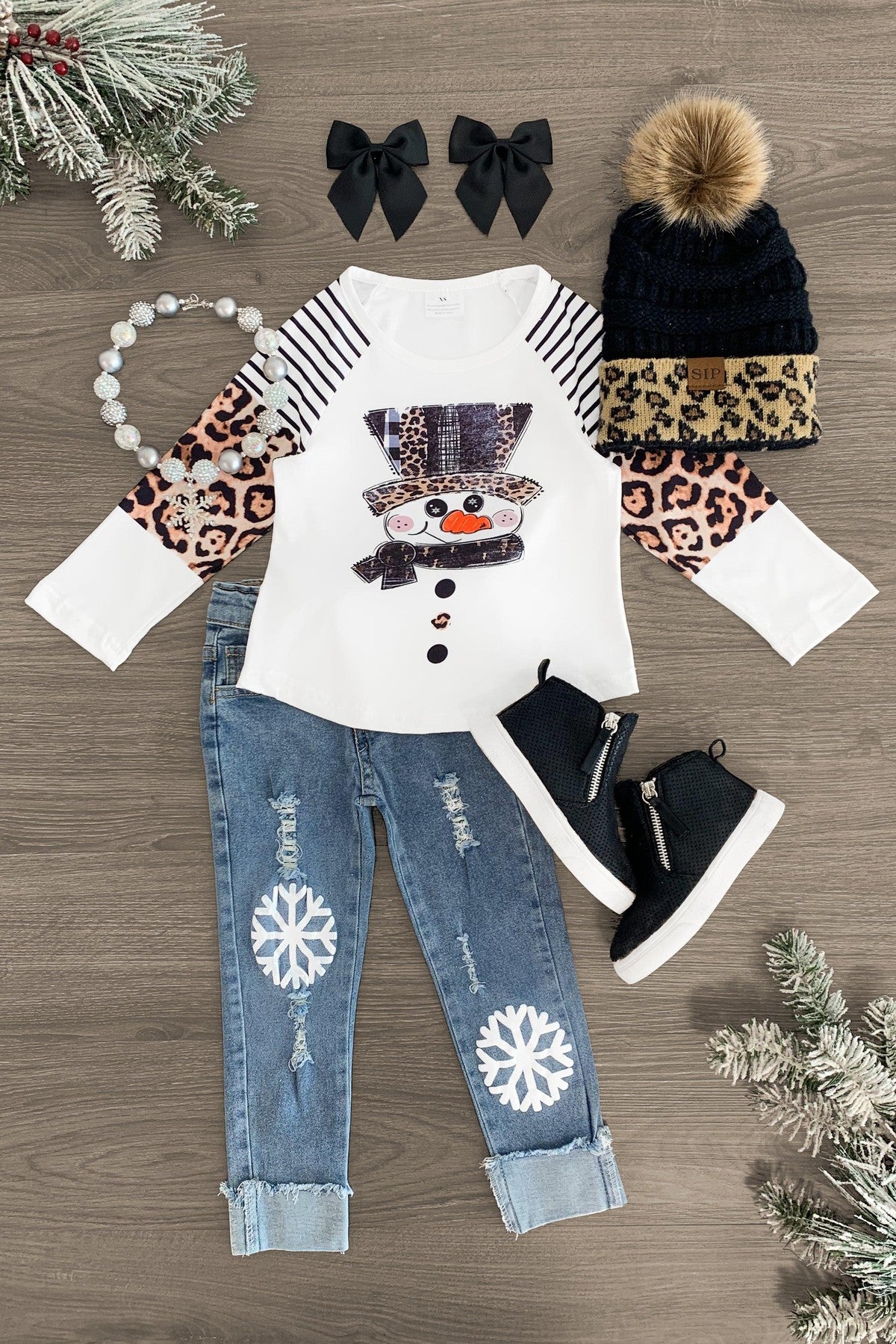 White Cheetah Snowman Denim Pant Set - Sparkle in Pink