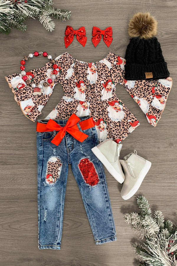 Leopard Santa Denim Pant Set - Sparkle in Pink